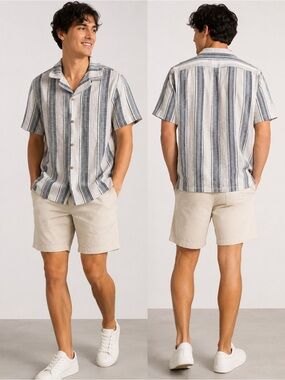Ben Sherman Navy and Cream Striped Short-Sleeve Shirt